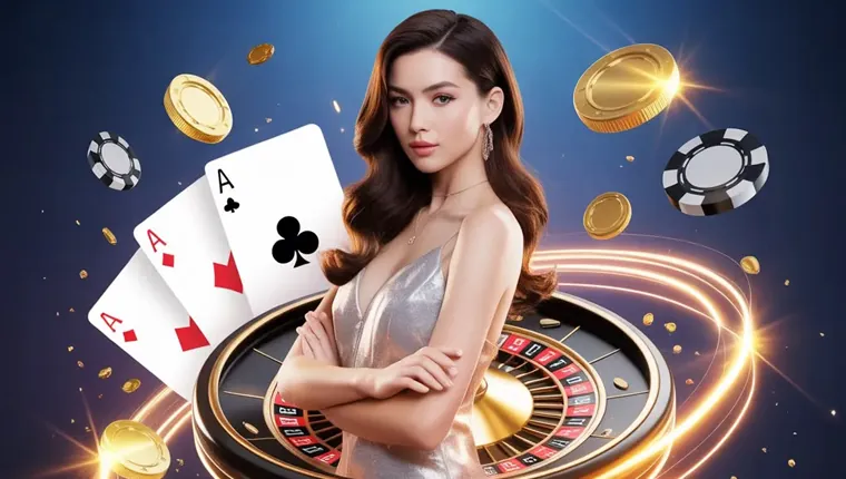 A person playing online poker with cards and chips